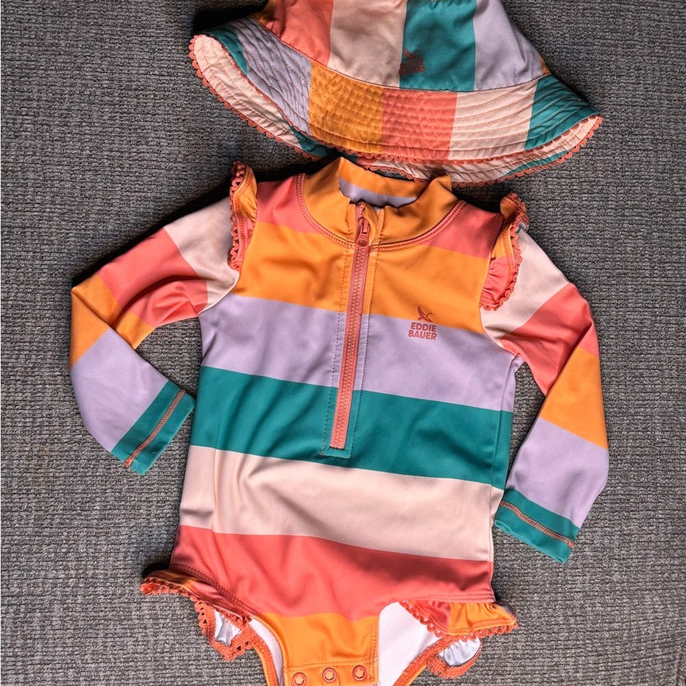 Eddie Bauer Baby Striped Swimsuit in Pink, Orange, Lavender, and Teal - 12m